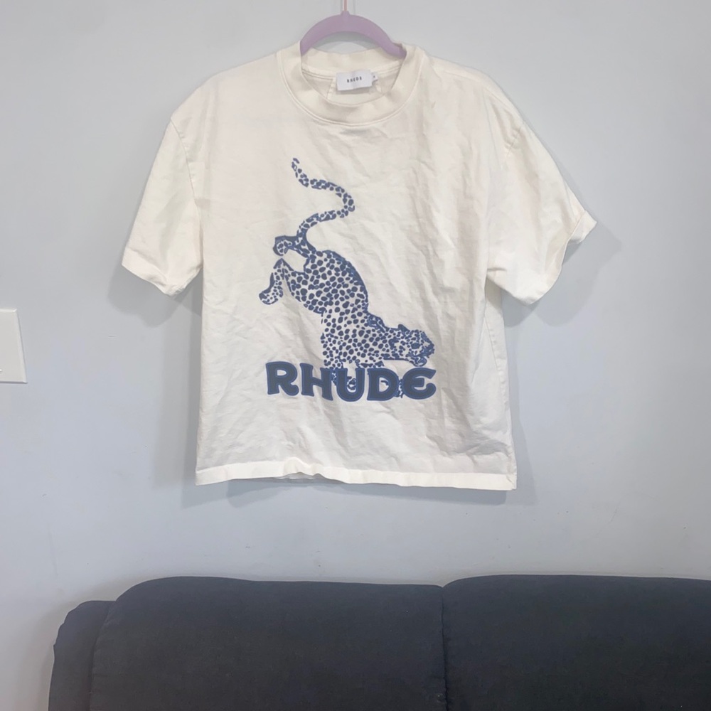 Rhude Mens Cream and Blue Leopard T-Shirt